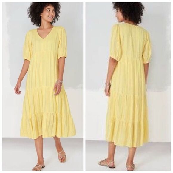 J Jill yellow jacquard A-line dress tiered pineapple Size M - Picture 1 of 15